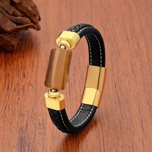 Herren Lederarmband mit Tigerauge-Stein und goldenem Edelstahlverschluss handgewebt
