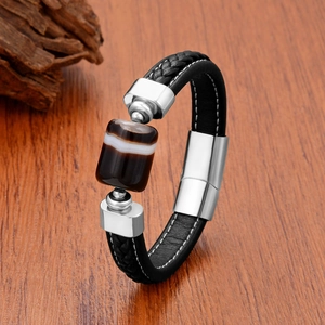 Men's braided black leather bracelet with brown agate stone and magnetic steel clasp