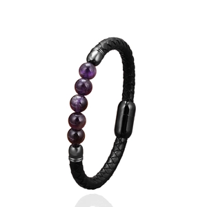 Bracelet tressé fait main avec des pierres naturelles violettes et fermoir magnétique