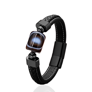 Men's hand-braided leather bracelet with square stone and magnetic clasp
