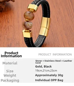Detail view of woven leather men's bracelet with brown agate stones and gold steel clasp