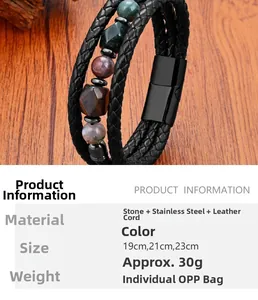 Detalle de la pulsera multicapa de cuero con piedra ojo de tigre y cierre magnético