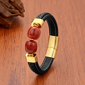 Vintage Men Stainless Steel Woven Leather Bracelet Natural Stone Beads Handmade Fashion Bangle With Magnetic Clasp Ethnic Jewelry