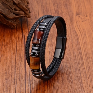 Bracelet multicouche en cuir noir pour homme avec pierres œil de tigre et fermoir aimanté