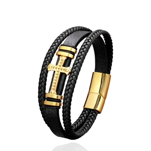 Bracelet multicouche en cuir pour homme avec croix dorée et fermoir magnétique