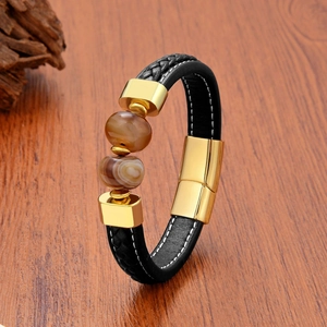 Men's black braided leather bracelet with natural stone beads and gold magnetic clasp