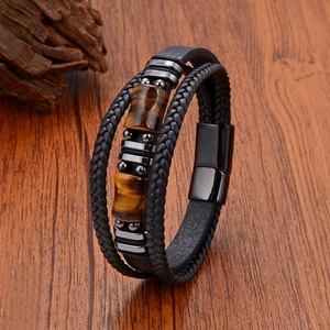 Bracelet multicouche en cuir pour hommes avec pierres œil de tigre et fermoir magnétique
