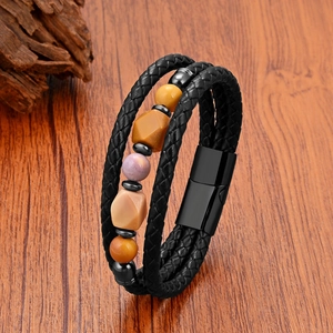 Pulsera multicapa de cuero para hombre con cuentas ojo de tigre y cierre magnético negro