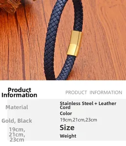 Détail du bracelet en cuir tressé bleu avec fermoir magnétique en acier inoxydable doré