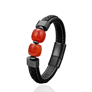 Men's black braided leather bracelet featuring red stone beads and magnetic buckle