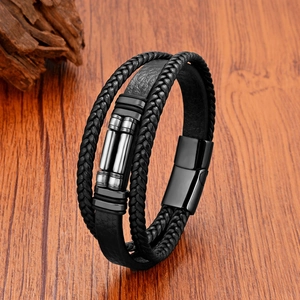 Mehrlagiges schwarzes geflochtenes Lederarmband für Herren mit Magnetverschluss