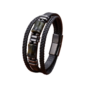 Bracelet multicouche en cuir tressé noir pour homme avec œil de tigre et fermoir magnétique