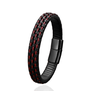 Bracciale in pelle intrecciata rossa e nera con chiusura magnetica in metallo lucido