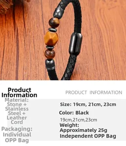 Detail of tiger eye beads and black braided leather strap with magnetic metal clasp