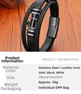 Détail montrant les couches de cuir tressé et l'ancre en acier inoxydable sur le bracelet