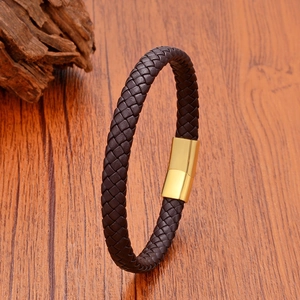 Bracelet tressé en cuir marron foncé pour homme avec fermoir magnétique doré