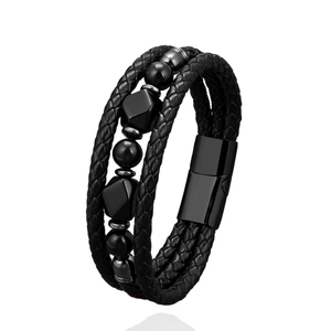 Pulsera de cuero trenzado negro de varias capas para hombre con ojo de tigre y cierre imán
