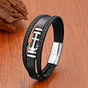 Bracelet Homme Fait à la Main en Acier Inoxydable avec Ancre Tissé Multicouche Corde en Cuir Bijoux Nautiques de Mode