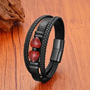 Bracelet Multicouche en Cuir Tressé Fait Main Avec Fermoir Magnétique en Acier Inoxydable Bracelet Charme Pierre en Forme de Cœur pour Homme Femme Bijoux Cadeau