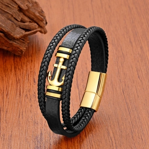 Bracelet ancre multicouche en cuir tressé pour hommes avec fermoir magnétique doré poli