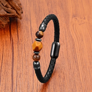 Fashion Men Leather Woven Bracelet Stainless Steel Magnetic Clasp Natural Tiger Eye Stone Beads Handmade Jewelry Bracelet