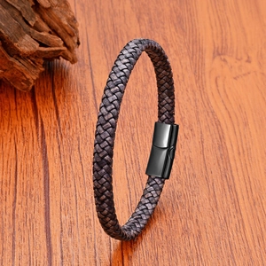 Bracelet tressé en cuir gris foncé pour homme avec fermoir magnétique noir en acier