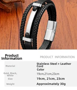 Vue détaillée du bracelet multicouche en cuir tressé avec fermoir magnétique en acier