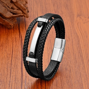 Bracelet multicouche en cuir tressé noir pour homme avec fermoir magnétique en acier