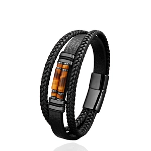 Mehrlagiges Herren-Lederarmband mit Tigeraugen-Steinen und schwarzem Magnetverschluss