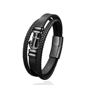 Bracelet multicouche en cuir tressé noir avec fermoir ancre en métal noir pour homme