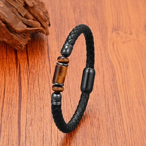 Bracelet pour homme en cuir tressé avec pierre oeil de tigre et fermoir magnétique