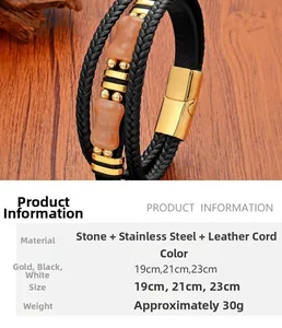 Détail du bracelet en cuir tressé multicouche avec pierre orange et fermoir magnétique doré