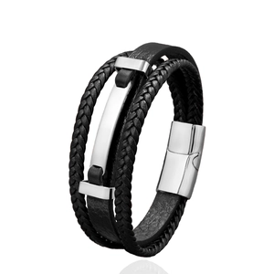 Bracelet multicouche en cuir tressé pour homme avec fermoir magnétique en acier
