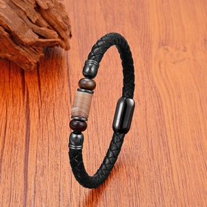 Bracelet tressé en cuir noir pour homme avec perles en oeil de tigre et fermoir magnétique