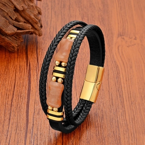 Bracelet Multicouche en Cuir Tressé pour Hommes Fermoir Magnétique en Acier Inoxydable Perles de Pierre Vintage Bracelet Jonc Tissé Bijoux