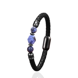 Men's black braided leather bracelet with blue tiger eye stone and magnetic clasp