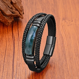 Bracelet multicouche en cuir pour homme avec pierre naturelle verte et fermoir magnétique