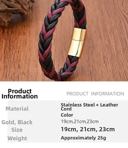 Close-up of woven leather bracelet with golden stainless steel magnetic clasp detail