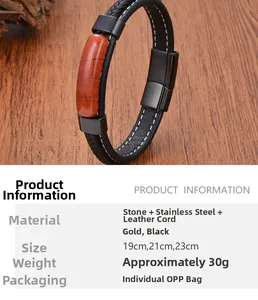 Detail of men's leather bracelet featuring a red stone inlay and black magnet buckle