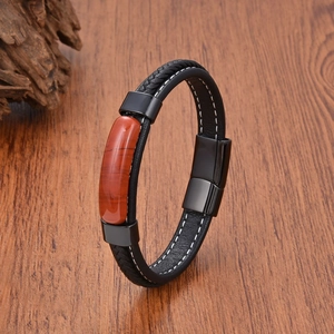 Men's Vintage Leather Braided Bracelet With Stainless Steel Magnetic Clasp Natural Stone Geometric Charm Punk Jewelry