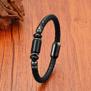 Bracelet pour homme en cuir tressé noir avec perles en pierre et fermoir magnétique en inox
