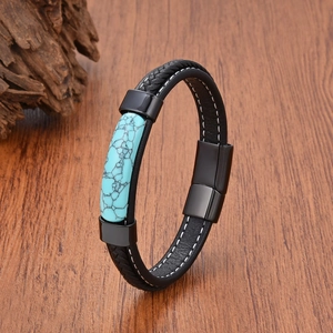 Men's leather braid bracelet with turquoise stone and magnetic steel clasp