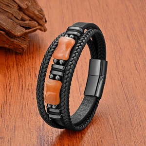 Bracelet multicouche en cuir pour homme avec pierres naturelles oranges et fermoir aimanté