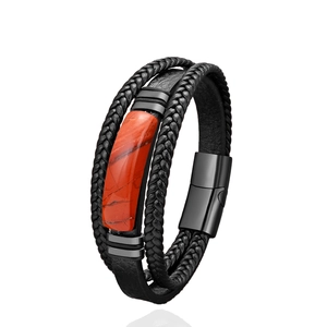 Bracelet multicouche en cuir pour homme avec pierre rouge et fermoir magnétique noir