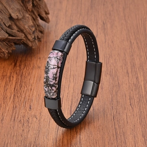 Men's leather rope bracelet with colorful geometric stones and black magnetic clasp
