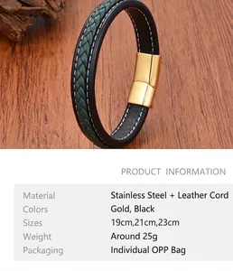 Detail of woven leather bracelet with golden stainless steel magnetic clasp on wood