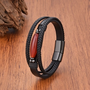 Bracelet Multicouche en Cuir Tressé Vintage pour Hommes Fermoir Magnétique en Acier Inoxydable Pierre Naturelle Fait Main