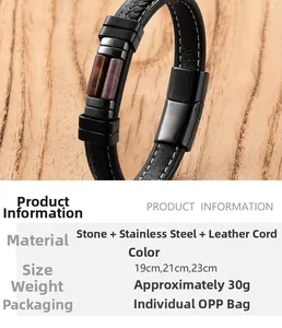Detail van zwarte gevlochten lederen armband met tijgeroogstenen en magnetische sluiting