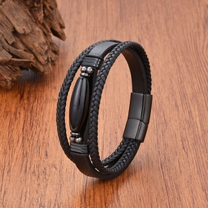 Bracelet multicouche en cuir tressé noir pour homme avec pierre polie et fermoir aimanté