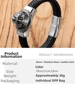 Detail view of woven leather bracelet featuring a stainless steel skull and magnetic clasp